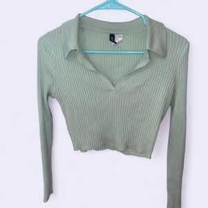 H&M Ribbed Light Green Collared Crop Top